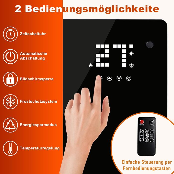 Електричний конвекторний обігрівач Citybee - скляний обігрівач з термостатом, енергозберігаючий, тихий, окремостоячий скляний конвектор - електричний радіатор з пультом дистанційного керування та сенсорним дисплеєм, таймер, 2000 Вт, до 30 м