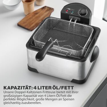 Фритюрниця Clatronic Double Cold Zone FR 3195, 2 маленькі та один великий кошики для смаження, 4 літри, 2000 Вт, нержавіюча сталь