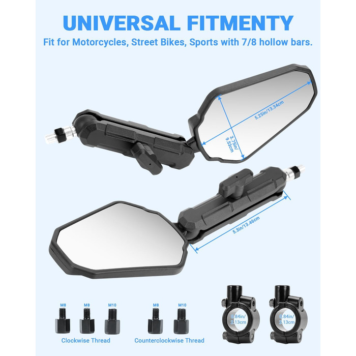 Універсальне складне дзеркало заднього виду для позашляхового мотоцикла SUPAREE, схвалене для електроніки, поворотне на 360 з правою та лівою різьбою, сумісне зі скутерами, квадроциклами