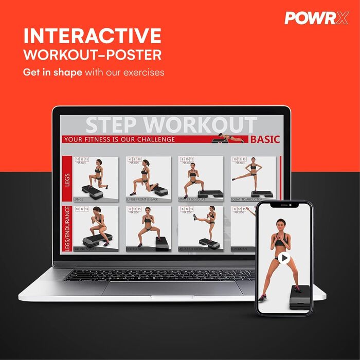 Професійний фітнес-степер POWRX Aerobics (89 x 34 см) Тренування на степері вдома або в тренажерному залі Регульована висота Нековзка поверхня Елегантний чорний колір