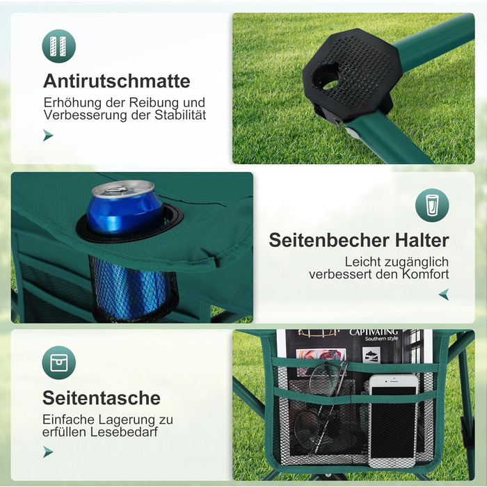 Кемпінгове крісло, 2 шт., складне крісло, кемпінгове крісло з підставками для чашок, складне крісло, кемпінгове рибальське крісло з підлокітниками, вуличне крісло зеленого кольору, 39S CAMP