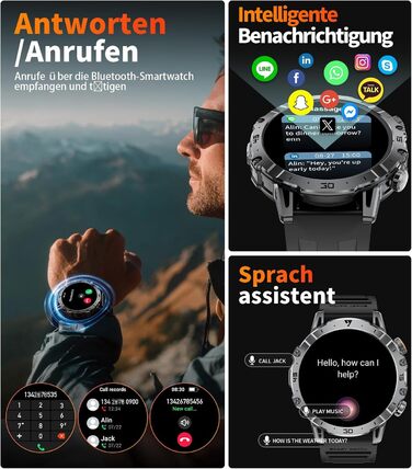 Чоловічий військовий смарт-годинник, великий акумулятор 1000 мАг, великий HD-дисплей 1,7 дюйма з функцією телефону, світлодіодний ліхтарик, фітнес-годинник з понад 110 спортивними режимами, відстеження серцевого ритму/сну, 3 браслети, IP68, сумісний з iOS