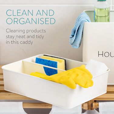 Коробка для домашнього господарства Navaris - 3 знімні відділення - Органайзер для засобів для чищення з ручкою для зберігання посуду - Вінтажний кошик для прибирання - Білий матовий