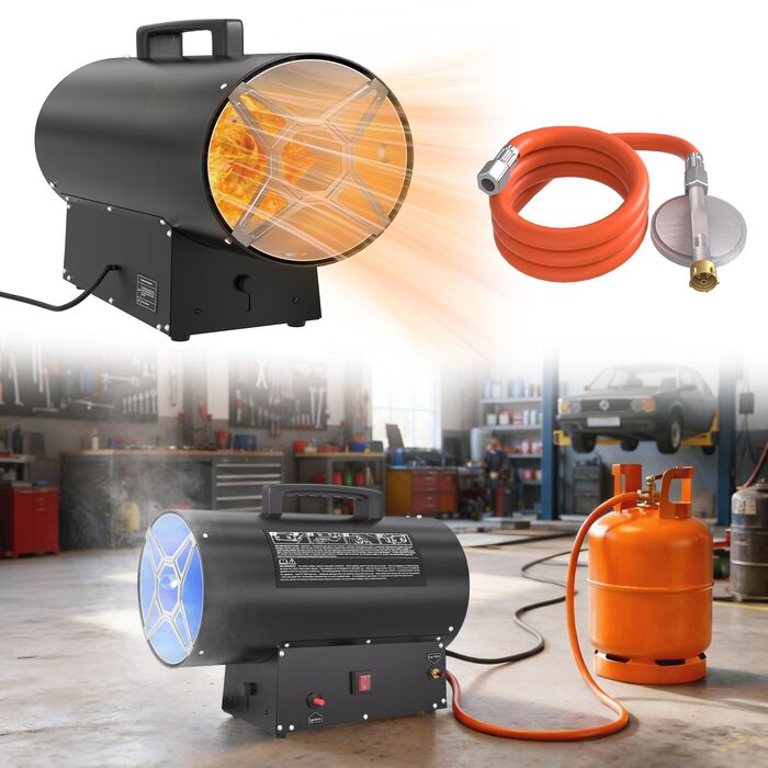 Газовий обігрівач UISEBRT, 30 кВт, газовий вентилятор з термостатом, генератор гарячого повітря, чорний (220-240 В, пропанові/бутанові балони, з редукційним клапаном та газовим шлангом) 30 кВт чорного кольору