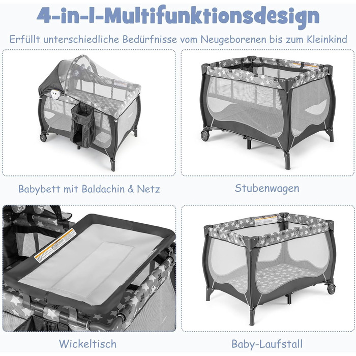 Дитяче ліжечко COSTWAY 4-в-1, портативне приліжкове ліжечко, дорожнє ліжечко зі складним матрацом, пеленальний столик, балдахін, ігрова арка та музичний мобіль, колиска з колесами, люлька для дитини до 36 місяців (сіра) темно-сіра