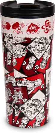 Термокружка Elbenwald One Piece - 425 мл - Кружка для кави з нержавіючої сталі з кришкою, що закручується, та отвором для пиття, що замикається (висота 19 см) - Біла/Червона з мотивом Луффі One Piece Luffy