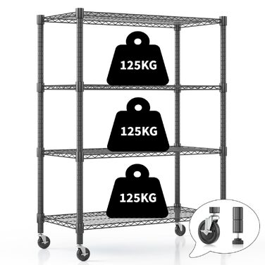 Рівнева дротяна полиця Himimi з колесами та ніжками, регульована по висоті, металева полиця для зберігання для кухні, ванної кімнати, спальні, вітальні, вантажопідйомність 500 кг, 90 * 45 * 183 см, чорна, 4-