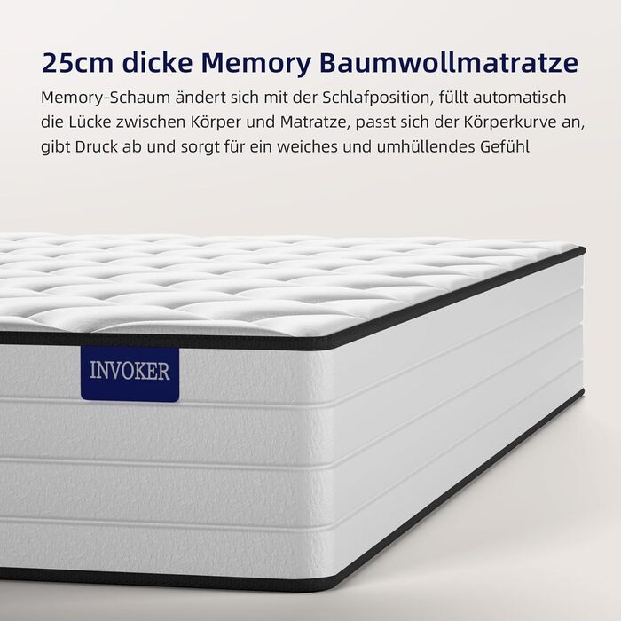 Матрац Memory Cotton AquaFlex 7-зонний 90x200 см, висота 25 см, рівень жорсткості H3, ергономічний матрац для дорослих та дітей - знімає тиск, тихий, дихаючий 90*200