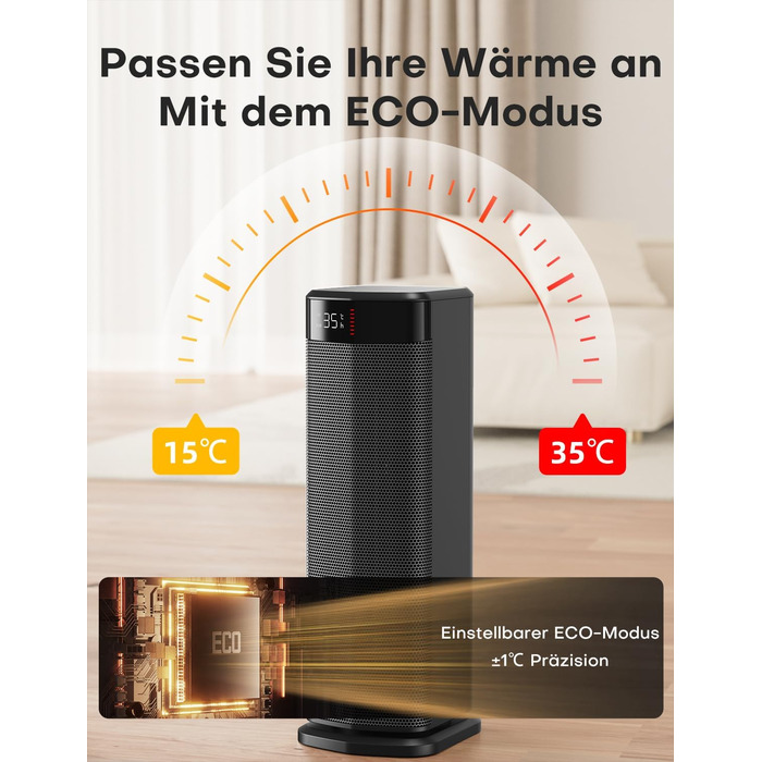 Тепловентиляторний обігрівач PTC потужністю 2000 Вт, енергозберігаючий, 4 режими, режим ECO, термостат, коливання на 90, таймер 24 години, пульт дистанційного керування, захист від перекидання та перегріву для використання в приміщенні