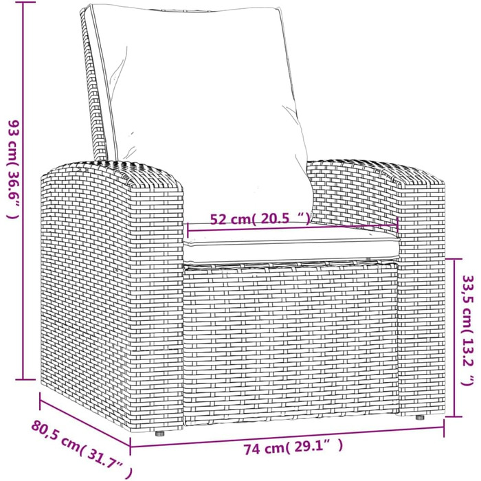 Садове крісло регульоване, Крісло з подушкою 1 сидіння, 1 подушка для спинки, Стілець для садової тераси, Садові меблі Recliner, Сірий полі ротанг