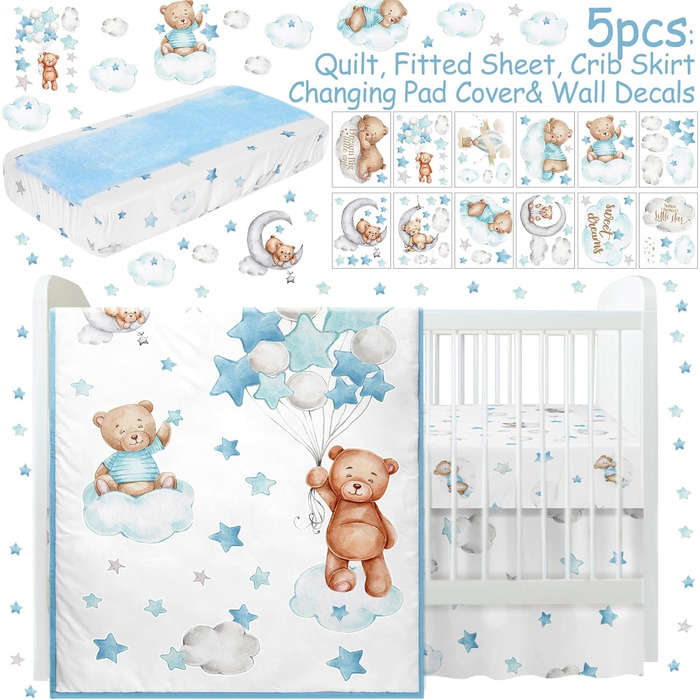 Набір постільної білизни для дитячого ліжечка Mixweer з 5 предметів, що включає тематичний ведмедик з повітряних кульок, простирад