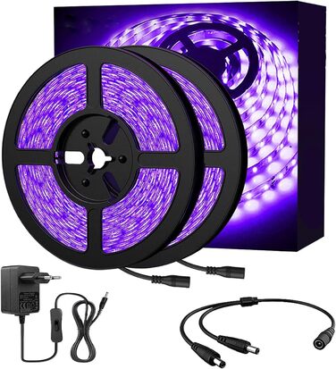 Набір стрічок VANLUDA 10M UV Black Light, УФ світлодіодна стрічка 33 фути УФ чорне світло LED, 600 шт 2835 світлодіодів, гнучкі чорні освітлювальні прилади 12 В 2А для декору освітлення вечірок