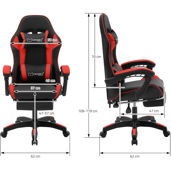 Ігрове крісло ML-Design з підставкою для ніг, червоне, штучна шкіра, ергономічне офісне крісло з підлокітниками, підголівником, поперековою опорою, регульоване поворотне крісло, гоночне ігрове крісло, стілець для офісу, поворотне крісло