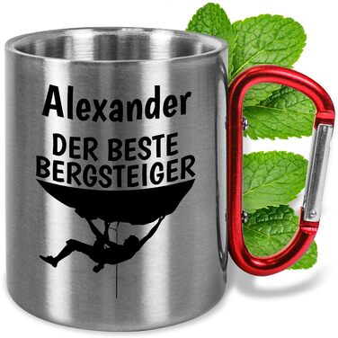 Персоналізована кружка з нержавіючої сталі з карабіном, приблизно 330 мл, подарунок для альпіністів, любителів гір, чоловіків та жінок - металева кружка з назвою - для кемпінгу на природі (Найкращий альпініст, червона ручка)