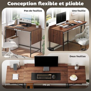 Комп&39ютерний стіл HOMCOM розкладний 170 x 58 см, сучасний дерев&39яний стіл з 2 відкидними клапанами для 2 моніторів, робочий простір для спальні, невеликих кімнат, горіхове дерево