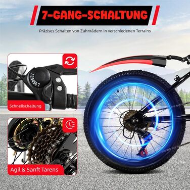 Дюймовий дитячий гірський велосипед для хлопчиків та дівчаток, 7-швидкісний гірський велосипед з бризковиками, пляшкою для води, дзвінком-компасом, вантажопідйомність 85 кг, вік 8-13 років, червоний, 20-