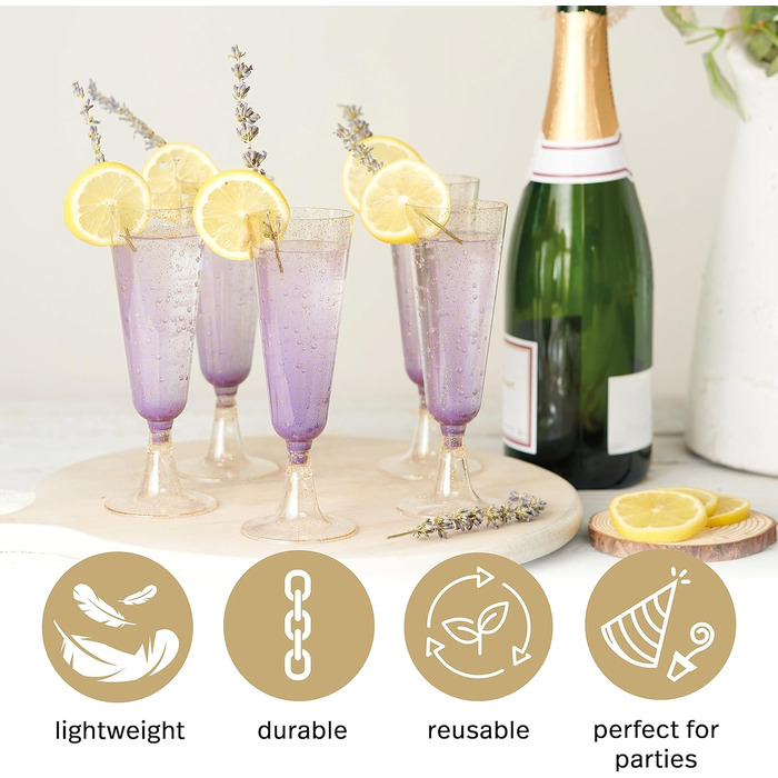 Келихи для шампанського преміум-класу MATANA 50 пластикові з золотим блиском, 150 мл - келихи для шампанського багаторазові, келих