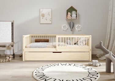 Дитяче ліжко 80x160 з шухлядою - Нефарбоване дерев&39яне ліжко - Односпальне ліжко для дітей з рейковою основою та знімними захисними поручнями - Вантажопідйомність до 100 кг - виготовлено з сосни 1 класу 80x160 Нефарбована деревина