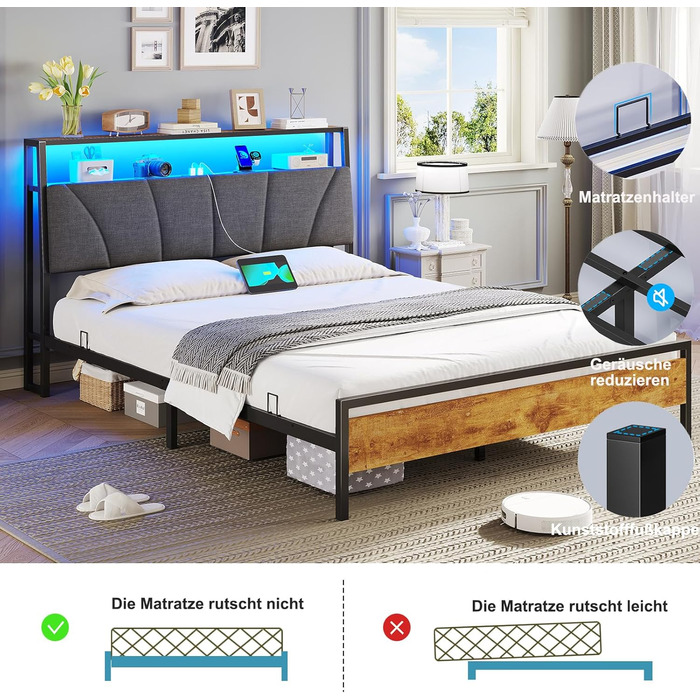 Ліжко 140x200 з металевою рейковою основою, каркас ліжка 140x200 см зі світлодіодним підсвічуванням, металеве ліжко 140x200 з узголів&39ям та зарядною станцією (2 розетки змінного струму та 2 порти USB), дитяче ліжко, двоспальне ліжко, сірий колір, сірий 