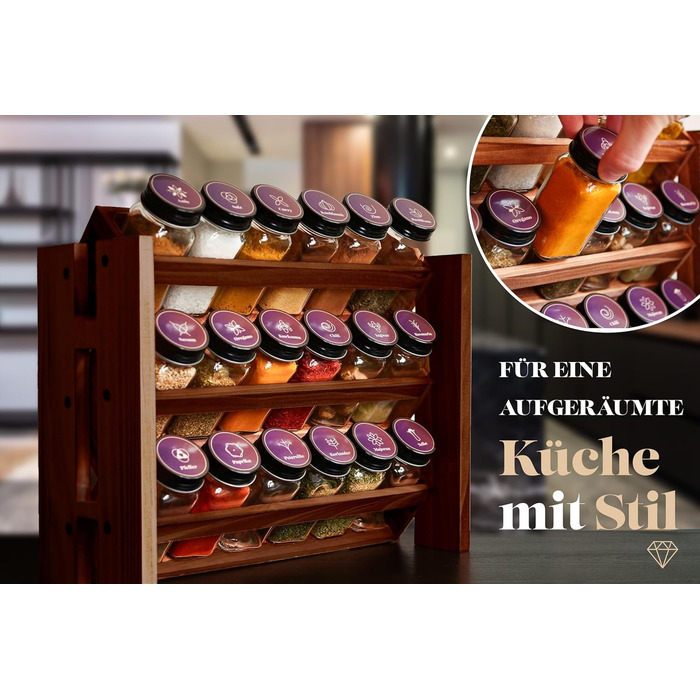 Елегантна підставка для спецій з темного дерева, настінна та настінна, 18 баночок для спецій, 25 етикеток, органайзер для спецій, підставка для спецій, кухонна полиця, вінтажна дерев&39яна підставка для спецій - підвісна система підставок для спецій - збе