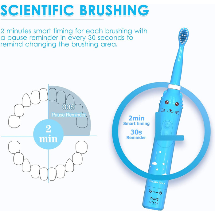 Дитяча звукова електрична зубна щітка, акумуляторна розумна зубна щітка для дітей Автощітка для малюків хлопчиків Дівчатка віком 3-12 років з нагадуванням 30 секунд, 2 хв таймера, 6 режимів, 6 насадок для щітки 8650 синій 6 головок тримач