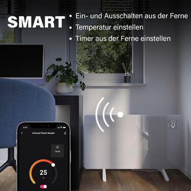 Інфрачервоний обігрівач Princess Connected - Carbon Crystal - Плоский настінний радіатор - 480 Вт - Регульований термостат до 50 C - 24-годинний таймер - Тижневе програмування - Білий або чорний (білий)
