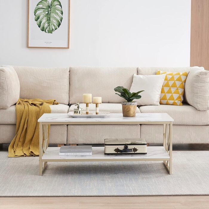 Журнальний столик 110x50 см - Білий стіл для вітальні з місцем для зберігання, столики для дивана з МДФ під мармур, сучасний журнальний столик для вітальні 110 x 50 см білий