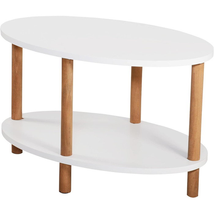 Журнальний столик Højreby, овальний диван-столик з 1 полицею, вітальня, 70 x 44 x 43 см, ніжки з бука, білий