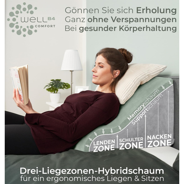 Ергономічна подушка для читання WELL B4 для ліжка та дивана зручна подушка для спини з піною з ефектом пам&39яті може використовуватися як рефлюксна подушка, клиноподібна подушка для ліжка, подушка для спинки ліжка для сидіння та лежання, сіра широка