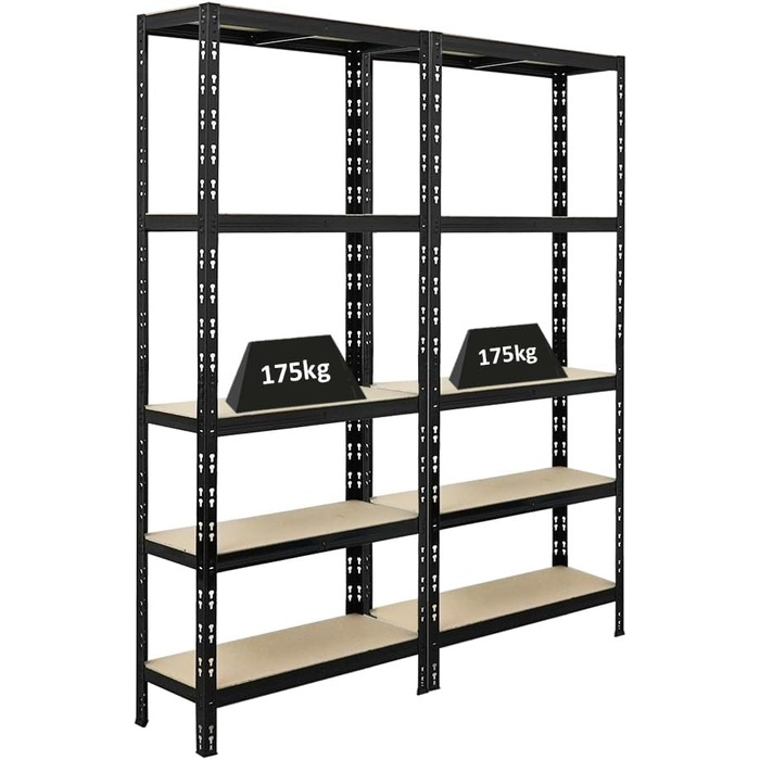 Міцний стелаж Apollo ВxШxГ 180x75x30 см Навантаження на полицю 175 кг Чорний Підвальний стелаж, стелаж без болтів, гаражний стелаж, комплект стелажів для зберігання з 2 предметів - 180x75x30 см Чорний, 2 шт.