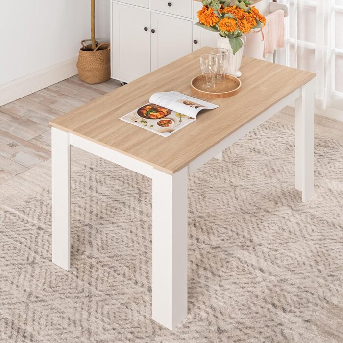 Обідній стіл, дерев&39яний обідній стіл для кухні, мінімалістичний дизайн, обідній стіл на 4 персони, 120x70x75см, дуб та білий, ніжка столу 120x70см дубово-біла