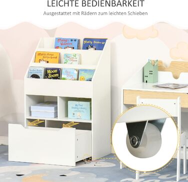 Дитяча книжкова полиця HOMCOM, Дитяча полиця з шухлядою, 3 полиці та 2 відкриті відділення, Полиця для зберігання для дитячої кімнати, Ігрової кімнати, Біла, 60 x 29,9 x 90 см