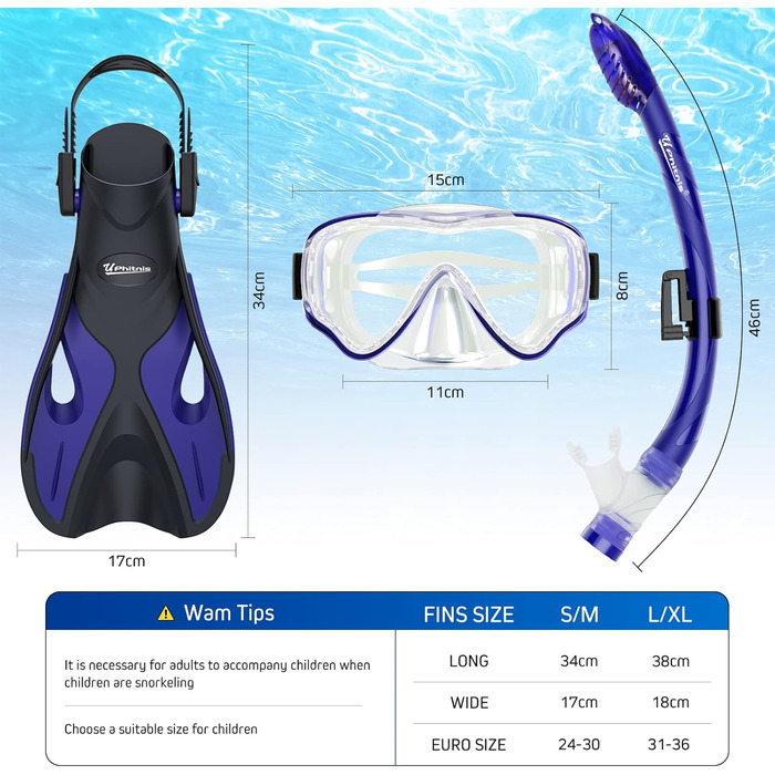 Набір для дитячого підводного плавання з ластами, панорамною маскою для дайвінгу з захистом від запотівання 180, регульованими ластами та преміальною сухою трубкою, набір для дитячого підводного плавання 3-в-1 з сумкою для перенесення L/XL (31-36) синього