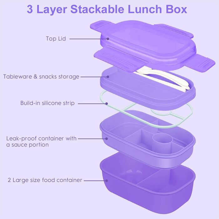 Великий обідній бокс-бенто для дорослих, 1901 мл, герметичний контейнер для ланчу з набором столових приборів для роботи, пікніка та їжі. Колір фіолетовий