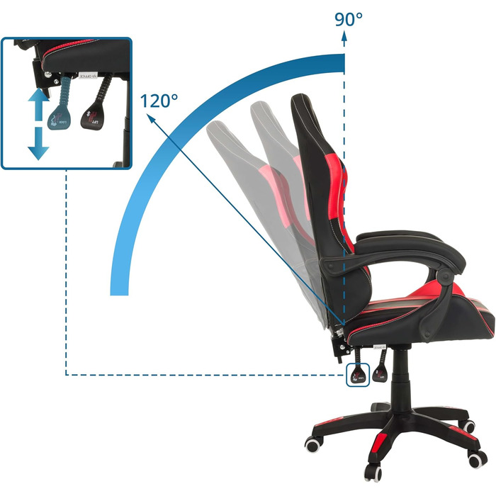 Офісне крісло, ігрове крісло GAMEBREAKER W02, письмове крісло з підголівником та поперековою опорою, регульована висота, штучна шкіра чорного/червоного кольору.