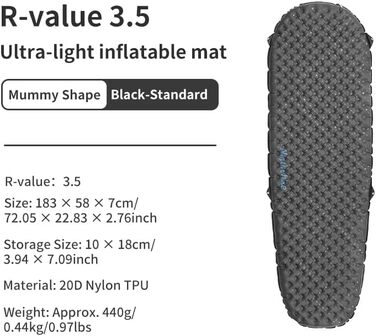 Надувний килимок для сну Naturehike Ultralight, надувний килимок для кемпінгу 3.5R, міцний, портативний килимок для сну, одномісний надувний матрац для трекінгу, пішого туризму, альпінізму, походів, стиль мумії - чорний стандарт