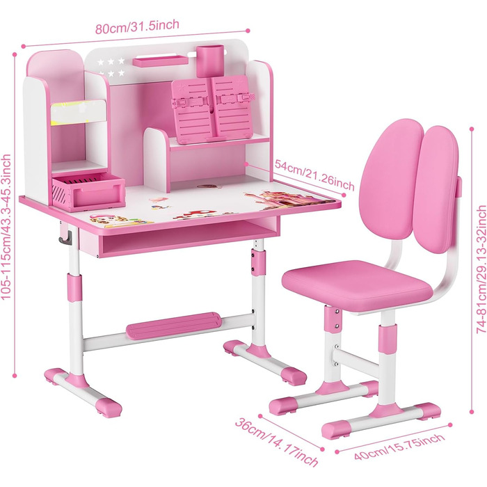 Комплект дитячого столу та стільця, комплект учнівського столу та стільця, стіл для читання з магнітною задньою панеллю, шухляди, гачки для шкільних сумок та підставка для книг, тримач для ручок, рожевий