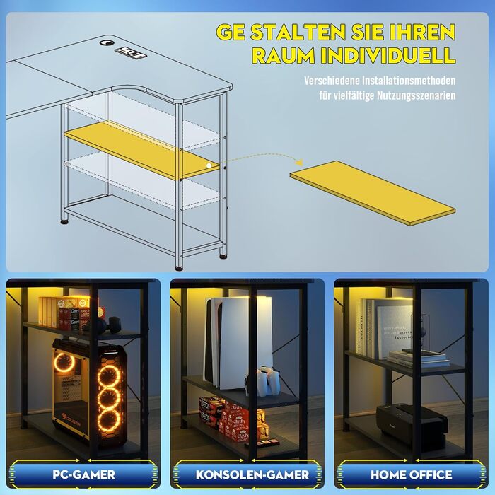 Ігровий стіл COMHOMA з розеткою, 120 x 80 см, кутовий стіл із портом зарядки USB та полицею, L-подібний комп&39ютерний стіл, ПК-стіл для офісу, домашній офіс, чорний - 120 см