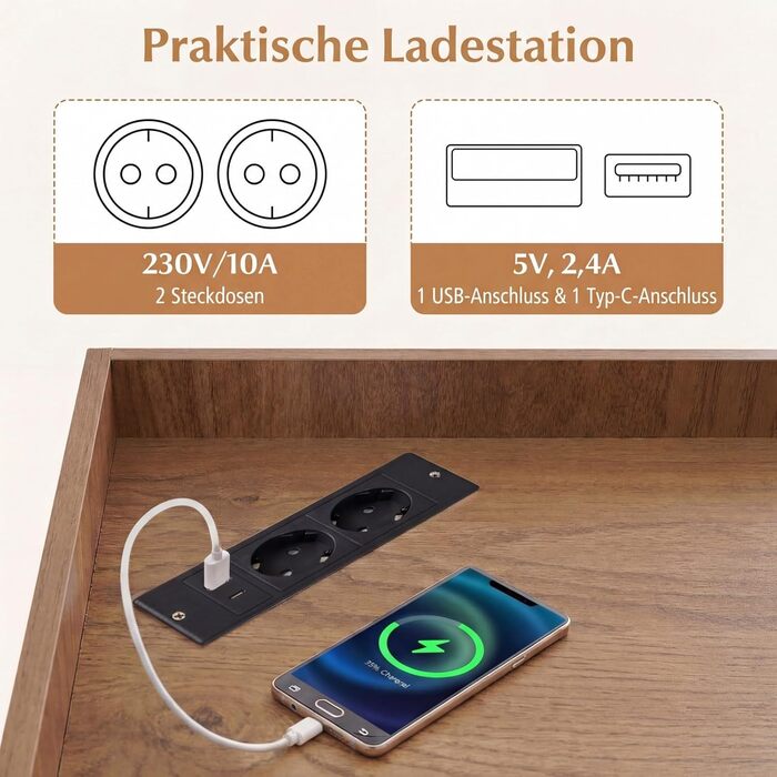 Кутова книжкова полиця COSTWAY із 3-рівневою зарядною станцією, кутова полиця з 9 відділеннями, 2 USB-портами та 4 розетками, полиця для зберігання речей для спальні, вітальні (натуральний колір)