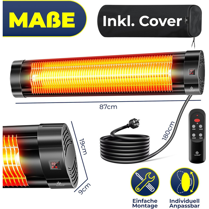 Інфрачервоний обігрівач KESSER потужністю 2500 Вт з пультом дистанційного керування, 3 режими нагріву, миттєвий нагрів, настінне кріплення, обігрівач для патіо, кварцовий обігрівач, обігрівач для патіо, захисний чохол, таймер - чорний