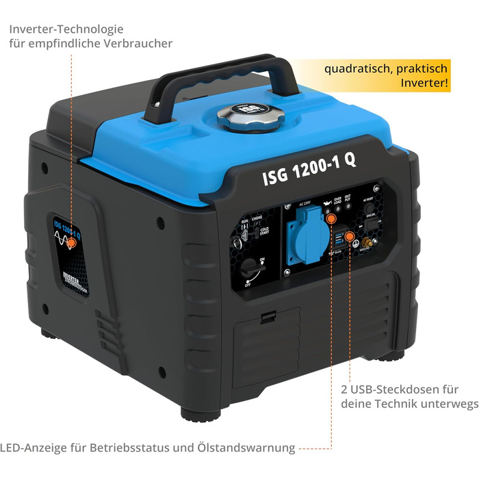 Інверторний генератор Gde ISG 1200-1 Q (4-тактний двигун, бензиновий, 1,3/1,76 (кВт/к.с.), 230 В, 2 шт. USB, макс. 1200 Вт, час роботи до 6 год, бак 3 л, захист від перевантаження, світлодіодний дисплей, аксесуари, вага 12,4 кг)
