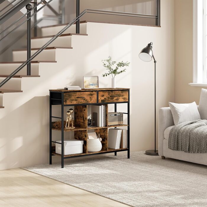 Полиця, книжкова шафа з 2 шухлядами, 6 відкритих відділень, окремостояча полиця з металевим каркасом, полиця для зберігання, для вітальні, кабінету, спальні, рустикальний коричневий, чорний вінтажний коричневий