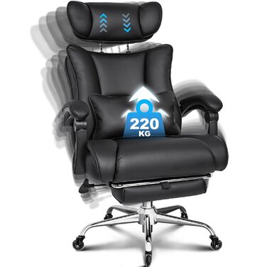 Офісне крісло BASETBL 200 кг, крісло керівника з 4-рівневою газовою пружиною, 3D-підлокітники, регульована поперекова опора та підголівник, тихі гумові ролики, широке сидіння XXL, EN12520, ергономічне офісне крісло чорного кольору з гумовими роликами