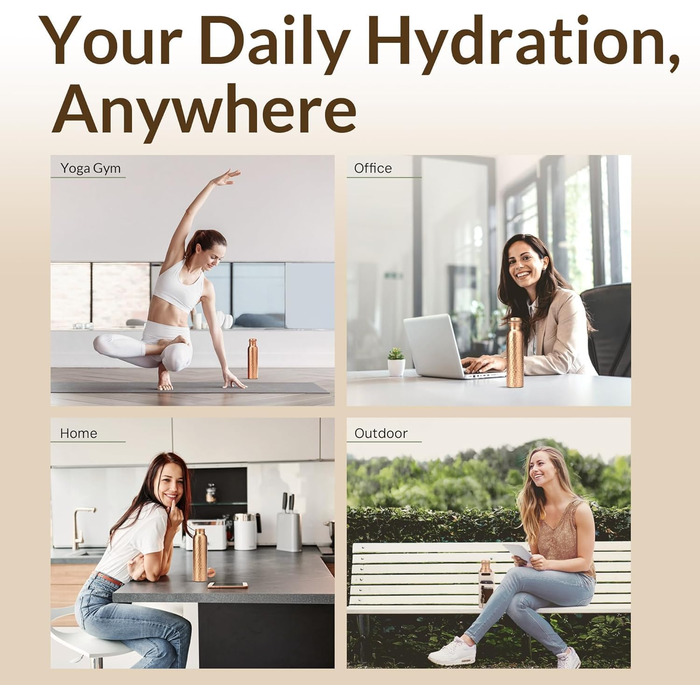 Пляшка для води CLEO HOME (950 мл/32 унції) ручної роботи, кувана, зі 100 аюрведичної міді, зі щіткою для чищення та лляним чохлом Перевірена в лабораторії, герметична пляшка, класична