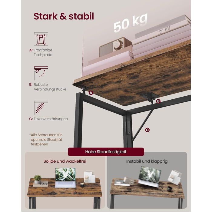 Складаний стіл, Невеликий складаний стіл, Комп&39ютерний стіл, Цільна стільниця, Закруглені кути, Стіл для домашнього офісу, Спальня, 80 x 40 см, Вінтажний коричневий LWD151KD01 80 x 40 см Вінтажний коричневий