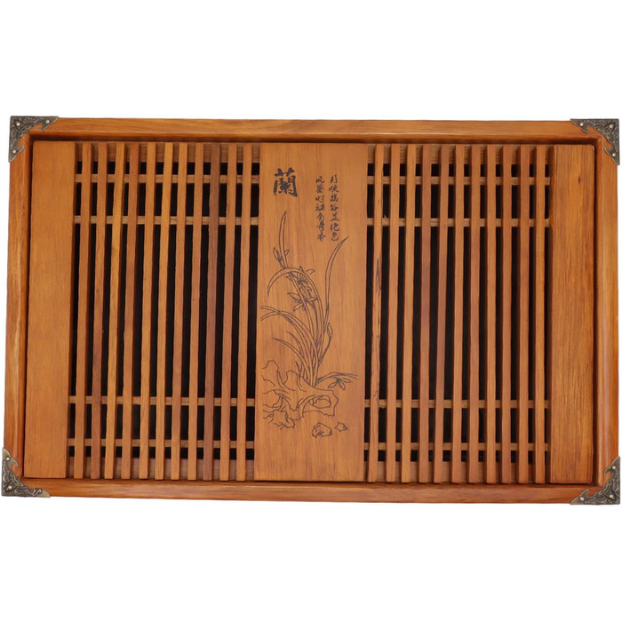 Піднос для чайної церемонії Гунфу, дерев'яний, з великим резервуаром для води та орхідеями, для чайної церемонії Гунфу, 28 x 43 см