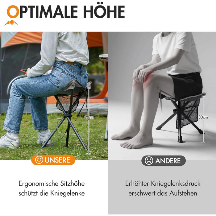 Складаний портативний стілець Portal, складаний з бічною кишенею, стілець-штатив, надлегкий портативний рибальський стілець, висота 53,3 см, вантажопідйомність 102 кг, кемпінговий стілець з бічною кишенею для риболовлі, кемпінгу, походів, чорний