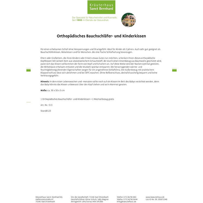 Ортопедична подушка для сну на животі Sanct Bernhard та дитяча подушка змінний чохол 30 x 50 x 5 см