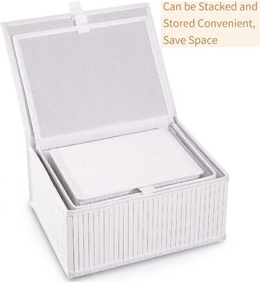 Біла скринька для зберігання Honygebia з кришкою декоративний бамбуковий кошик для зберігання, набір із 3 ротангових кошиків з кришками та тканими тканинними підкладками для ванної кімнати, кухні та організації полиць (великий/середній/малий)