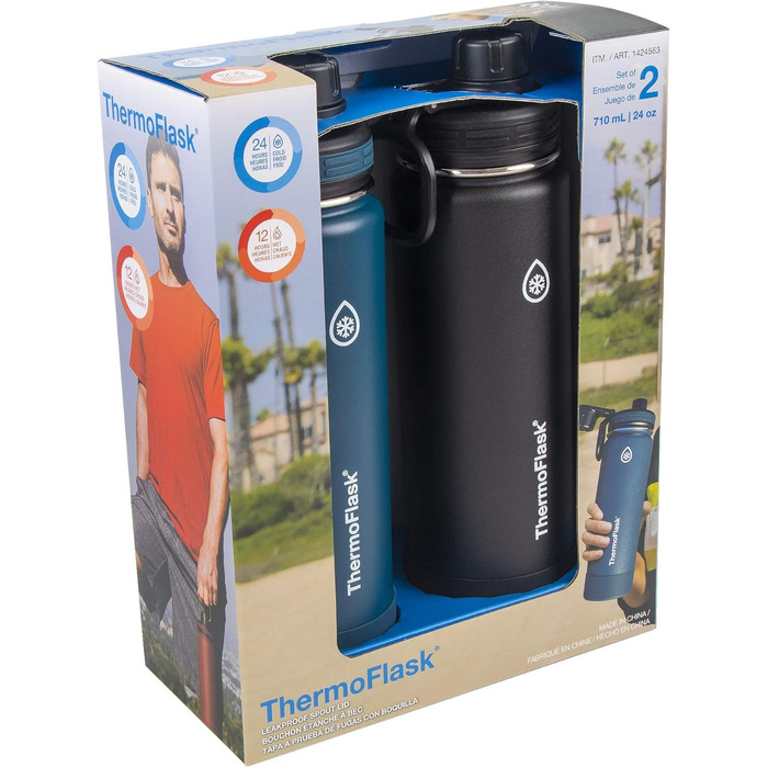 Двостінні, вакуумні пляшки для води з нержавіючої сталі, 680 мл, синій/чорний, 2 шт. и 24 унції синій/чорний Maya Blue/Black